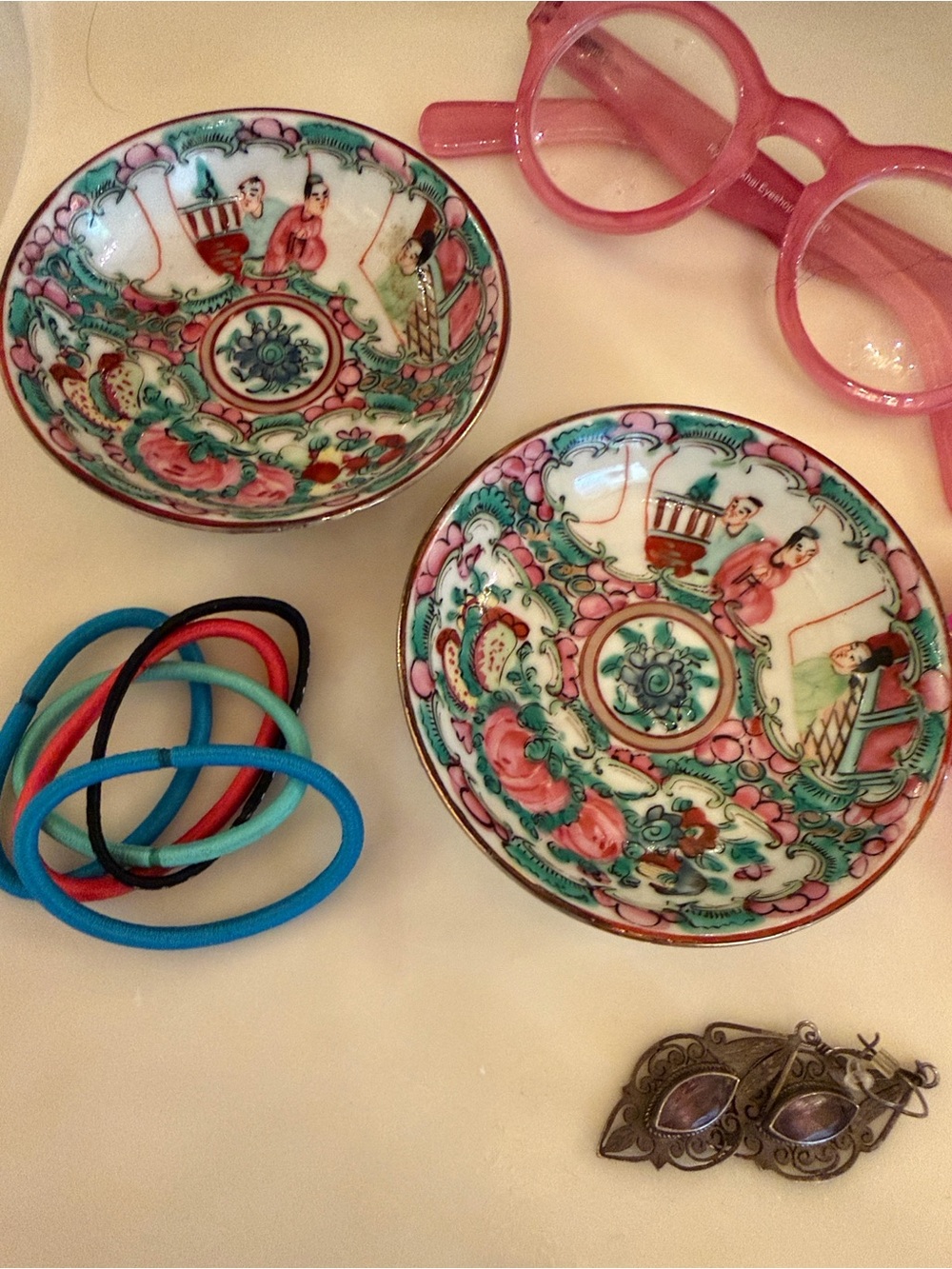 VIntage pair of 4” MCM Famille Rise Medallion sauce bowls